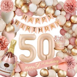 Decoration Anniversaire 50 Ans Femme,Ballon 50,Deco 50 Ans,Happy Birthday,Ballons Roses Rétro 50e Avec Banderole Joyeux Anniversaire Pour Fête Pour Femmes - Neuf