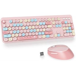 Ensemble Clavier Et Souris Sans Fil,Clavier De Machine À Écrire,2.4Ghz Clavier De Machine À Écrire À Touches Rondes Avec Pavé Numérique,Clavier De 104 Touches(Américain Qwerty)(Bear Pink) - Neuf
