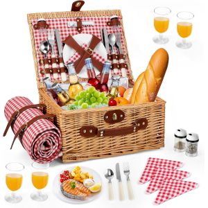 ASFASFq-Panier Pique-Nique en Osier pour 4 Personnes, Panier de Pique Nique avec Compartiment Isotherme, Couverture Pique-Nique Imperméable et Couverts, Panier Picnic pour Camping, Rose - Neuf