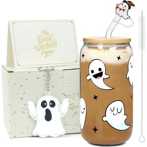 Trahoo-Zioisnm Tasse Halloween Verre Avec Couvercle Et Paille, 500ml Verre Matcha Avec Couvercle, Cadeaux Pour Femme, Halloween Decoration (Fant&ocirc;me Blanc) - Neuf