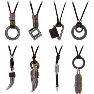 Kal-8pcs Collier Cuir Homme Vintage, 8 Styles Vintage Collier En Cuir R&eacute;glable Anneau De Dent De Loup En Plumes Collier Cordon De Cuir Bijoux De Pull Pour Hommes Et Femmes - Neuf