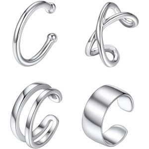 Women's Silver Cuff Earring ¿ Set Of Silver Helix Ring ¿ Adjustable Ear Clip For Helix Without Hole No Piercing Earring Clips Non Pierced Women Girls - Neuf