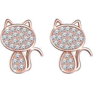 Kal-Boucle D'oreille Femme Fille, Boucle D'oreille En Argent 925, Clou D'oreille De Chaton Mignon, Orn&eacute; Les Strass, &Eacute;l&eacute;gant - Neuf