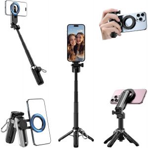 LORANKA-Perche &agrave; selfie magn&eacute;tique 4 en 1 Mini perche &agrave; selfie portable avec tr&eacute;pied pour iPhone 17/16/15/14 Samsung Smartphone, perche &agrave; selfie avec tr&eacute;pied, t&eacute;l&eacute;commande Bluetooth amovible, Vlog de - Neuf
