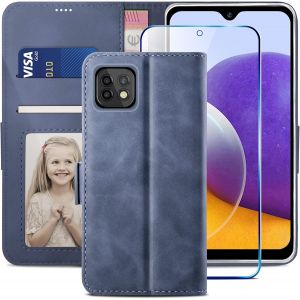 KALANKA-Coque Samsung Galaxy A22, Housse en Cuir Premium PU Portefeuille pour Galaxy A22 [RFID Blocage] [Fentes pour Cartes] [Fermoir Magn&eacute;tique] Compatible pour Coque Samsung A22, Bleu Clair - Neuf