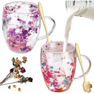 ERYI-Tasses Double Paroi Avec Fleurs Séchées,2 Pièces 350Ml Fleurs Tasse À Thé,Verre Double Paroi,Tasse En Verre Avec Fleur Sèche,Tasse Double Paroi Fleurs Séchées,Pour Le Thé Noir,Les,Le Café Glacé - Neuf