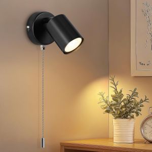 Eryi-Applique Murale Intérieure Gu10, Lumière Murale Avec Interrupteur À Tirette, Noir Applique Led Réglable, Luminaire Mural Moderne Industrielle Pour Chambre, Salon, Couloir, Sans Ampoule - Neuf