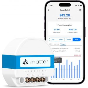 CHECARZHN--NO1-Interrupteur Connecté Matter (Fil Neutre Requis) - Suivi De Consommation D'Énergie Et Matter Simple Setup (Mss), Commutateur Wifi Compatible Avec Apple Home, Alexa Et Google Home - Neuf