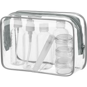 KALANKA-Kit de Voyage Transparent, Trousse de Toilette Transparent, 5pcs Bouteilles Vides (Max.100ml) + Étiquettes Vierges + Feutres à Encre Permanente - Neuf