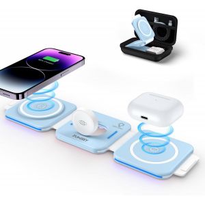 Chargeur Induction Pliable, 3 En 1 Magnétique Chargeur Sans Fil Pour Iphone 15 14 13 12 Pro/Pro Max/Plus/Mini, Station De Charge Pour Apple Watch 9/Ultra 2/8/7/Se/6/5/4/3, Airpods Pro/2/3 - Neuf