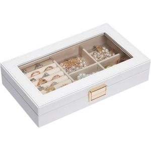 Plateau À Bijoux Empilable,Boîte À Bijoux Avec Couvercle En Verre,Séparateurs Amovibles Pour Coiffeuse,Idéal Cadeau Pour Filles Et Femmes (Blanc,M) - Neuf