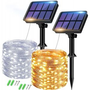Lot De 2 Guirlande Solaire Exterieur, Totale 16m 160led Lumineuse Étanche, 8 Modes Décoration Pour Jardin Terrasse Cour Noël Mariage Fête Blanc Froid/Chaud - Neuf