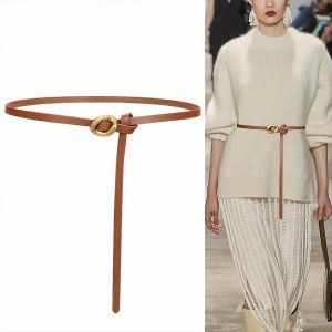 Ceinture Nouée Slim D'inspiration Vintage Pour Les Femmes Ceintures En Cuir Véritable Boucle De Ton Doré Flexible Ajustement Pour Jupes Manteaux Pulls - Neuf