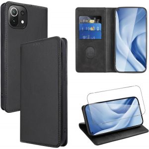 Kal-Coque Cuir Pour Xiaomi 11 Lite 5g Ne/Mi 11 Lite 4g/5g 6.55"" Avec 1 Verre Trempé Etui À Rabat En Pu Porte-Cartes Portefeuille Support Flip Housse Magnétique Antichoc Anti-Rayures Case,Noir - Neuf