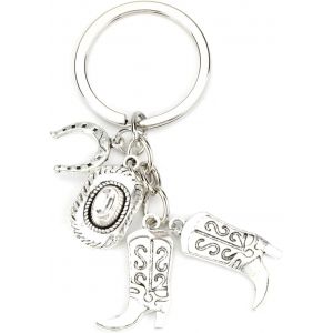 Kal-Porte-Clés De Cowboy Occidental De Style Rétro Argenté Avec Bottes De Cowboy, Chapeau De Cowboy Et Fer À Cheval, Joli Porte-Clés Comme Pendentif Pour Sac Et Accessoires De Sac - Neuf