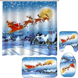 Ensemble de 4 No&euml;l rideaux de douche avec des tapis antid&eacute;rapants, toilette d'un couvercle et tapis de bain, rideaux de douche imperm&eacute;able &agrave; l'eau, d&eacute;coration de salle de bain, les cadeaux de No&euml;l. - Neuf