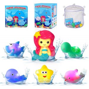 KAL-Jouets De Bain Lumineux B&eacute;b&eacute;,Jouet Bain Baleine Sans Trou Avec Livre De Bain,Animaux Jeux Bain Flottant Bebe Dauphin Sans Moisissure,Requin Sir&egrave;ne Cadeau Pour Enfants D&egrave;s 6 Mois - Neuf