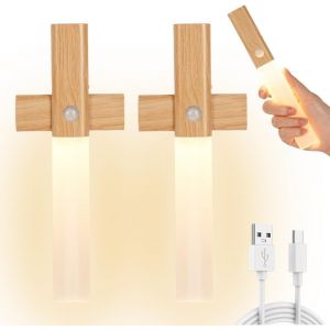 Applique Murale En Bois Avec D&eacute;tecteur De Mouvement,2 Pi&egrave;ces Veilleuse Rechargeable Murale Int&eacute;rieur,Lampe Murale Sans Fil,Magn&eacute;tique Lampe De Chevet Murale Pour Escalier Chambre Couloir.[V15] - Neuf