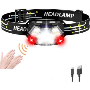 Lampe Frontale Led Rechargeable,5000 Lumens,9 Led,Fonctionne Avec Piles,Avec Lumi&egrave;re Rouge Et Capteur De Mouvement,7 Modes D'&eacute;clairage,&Eacute;tanche Ipx6, L'entretien, La P&ecirc;che - Neuf