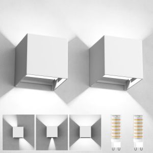 2 Pi&egrave;ces Applique Murale Interieur - Exterieure, Lampe Murale Blanc Froid 6000K Avec Ampoule Led G9 Rempla&ccedil;able Ip65 &Eacute;tanche Appliques Murales Angle De Faisceau R&eacute;glable Blanc - Neuf