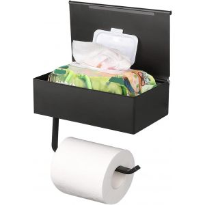 Porte-papier toilette avec &eacute;tag&egrave;re, rangement pour papier toilette avec compartiment cach&eacute; pour lingettes jetables, support mural robuste en acier inoxydable, noir - Neuf