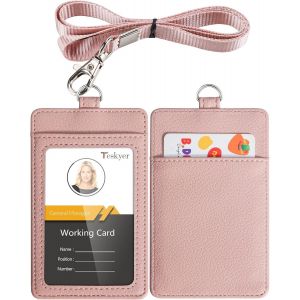 Kalanka-Porte Badge, Porte Badge Tour De Cou, 2 Emplacements Pour Cartes, En Cuir Pu, Avec Effacer La Fenêtre Longe En Nylon, Or Rose - Neuf