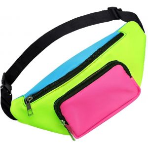 SJZG-Sac Banane Années 80 Pour Femme - Sac Banane Fluo Coloré Avec 2 Poches - Sac Banane Rétro Réglable - Sac Léger Et Imperméable Pour Fête Et Festival Des Années 90, Fluo, Années 80 - Neuf