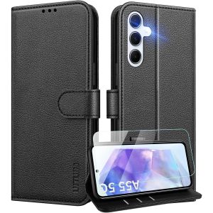 Kal-Coque Pour Samsung Galaxy A55 5g Coque Etui Portefeuille Cuir Avec Verre Tremp&eacute; Protection &Eacute;cran Porte Carte Rabat Clapet Flip Case &Eacute;tui Cover Housse Etui Pour Samsung Galaxy A55 5g,Noir - Neuf