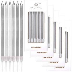 36 Pièces Bougies De Gâteau D'anniversaire,Bougie Anniversaire Longue Avec Supports,Bougies Fine Pour La Décoration De Fête De Gâteau De Mariage D'anniversaire (Argent) - Neuf