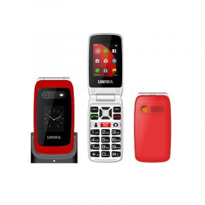 UNIWA V202T telephone clapet 2,4 pouces 1500mAh Bluetooth lampe poche double SIM 4G bouton telephone avec base chargement Rouge - Neuf