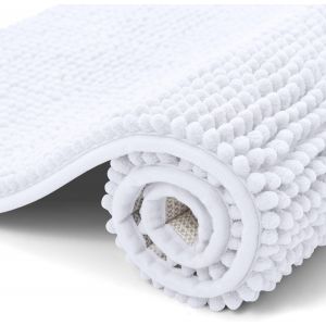 KAL-Tapis De Bain En Chenille - Antidérapant - Doux Et Absorbant - Lavable - 40 X 120 Cm - Blanc - Neuf