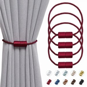Lot de 4 embrasses de rideaux magnétiques de 40,6 cm faites à la main en corde latérale pour rideaux de maison et de bureau (rouge vin) - Neuf