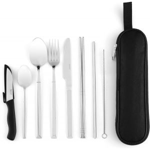 Kalanka-Couverts De Camping, 9 Pièces Couverts De Table En Acier Inoxydable 18/0, Couverts De Voyage Réutilisables Avec Organiseur Pour Le Travail, L'école, Le Camping Et Les Voyages (Argenté) - Neuf