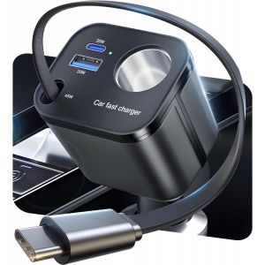 JGD-4 en 1 Chargeur Allume Cigare Voiture USB C,&iquest;Ultra- Mini&iquest;&iquest;145W Charge Rapide&iquest; C&acirc;ble Type-C R&eacute;tractable Chargeur Voiture avec USB-C/USB-A Adapter, Prise Allume Cigare 12V pour iPhone 17 Galaxy iPa - Neuf