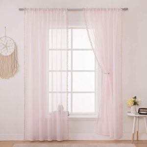 Chenquansarl-Rideau Voilage Rose Avec Boule Peluche, Decoration Rideau Chambre Fille Salon Lot De 2 (2x L140 X H145 Cm), Voilages Fenetre Intérieurs Passe Tringl, Rideaux Court À Pompons Chambre - Neuf