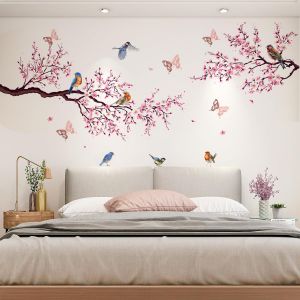 ERYI-Stickers Muraux, 4 Pièces Autocollants Décoratifs, Oiseaux Decoratifs, Fleurs De Cerisier Decoration Murale Chambre, Avec 12 Pièces 3D Autocollant Papillon, Deco Chambre Ado Fille, Salon - Neuf