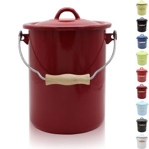 Poubelle Avec Couvercle - Poubelle En Acier Avec Rev&ecirc;tement En &Eacute;mail Et Poign&eacute;e En Bois - Surface R&eacute;sistante Aux Coupures Et Aux Rayures - Durable Et Polyvalente (3 L, Rouge) - Neuf
