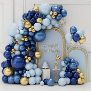 CAUC-Arche Ballon Anniversaire Bleu Or, 105pcs Kit Guirlande Ballon Bleu Marine avec Ballon Bleu Ciel Ballon Confetti Dor&eacute;, D&eacute;coration Anniversaire Gar&ccedil;on Homme pour Communion Mariage Bapt&ecirc;me Baby Sh - Neuf