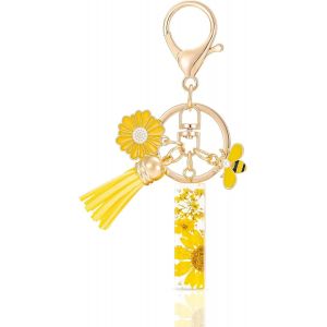KAL-Letter Keychains Initiale Lettre Porte Clef Lettre,Alphabet Initial Keyring Avec Pampille Pendentif,Jaune Pétales Feuille D'Or Key Ring Pour Femmes Filles Portefeuilles Sac À Main Charme - Neuf