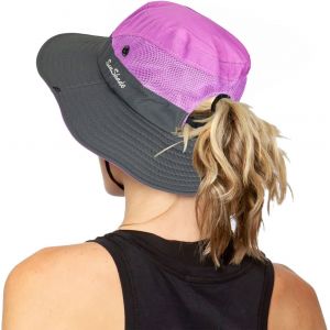 Chapeau De Pêche De Plage Pliable De Protection Uv Pour Femme En Maille À Large Bord Avec Trou De Queue De Cheval.[Z338] - Neuf