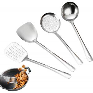 Kal-Lot De 4 Ustensiles De Cuisine En Acier Inoxydable, Livré Avec Louche, Écumoire, Cuillère À Fente, Spatule Solide, Ensemble D'ustensiles De Cuisine Pour La Maison - Neuf