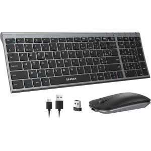 WGJP-031B Combo Clavier et Souris sans Fil Rechargeable, Silencieux, Ultra-Fin, AZERTY Fran&ccedil;ais, 2,4 GHz R&eacute;cepteur USB, avec Pav&eacute; Num&eacute;rique, pour Windows, PC, Ordinateur Portable,Gris - Neuf