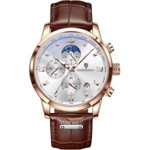 Montre Homme|Etanche Cuir Montres Hommes R&eacute;tro &Eacute;l&eacute;gante Analogique &Agrave; Quartz Chronographe Date Phase De Lune Aiguilles Luminescentes Vintage Waterproof Mens Watches.[J303] - Neuf