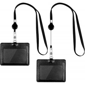 Porte-Badges Nominatifs, Longe R&eacute;tractable Avec Porte-Carte Horizontal Double Face En Cuir Pu, Longue Lani&egrave;re De Col Avec Bobine De Badge R&eacute;tractable Avec - Neuf