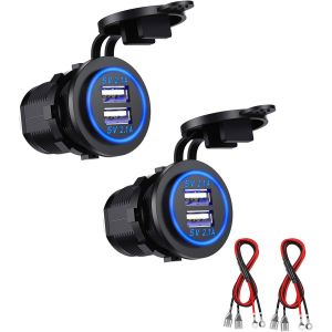 JGD-Rise USB 12V, Double Prise de Chargeur USB, avec Un Fil de 23,7 Pouces Convient aux Voitures 12 / 24V Le Bateau Motos pour Bateaux RV Truck Camper et Plus (2 PCS Blu-Ray) - Neuf