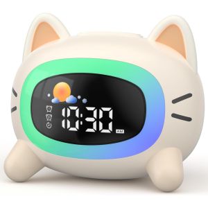 Reveil Enfant Educatif Jour/Nuit, R&eacute;veil Enfant avec Veilleuse, Machine Sonore, Deux Alarmes, Mode Week-End, R&eacute;veil Rechargeable d'entra&icirc;nement au Sommeil pour Gar&ccedil;ons Filles - Chat - Neuf