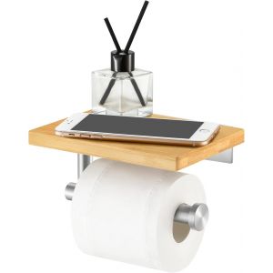 Porte Papier Toilette avec étagère en Bambou Porte-Papier Hygiénique Mural,Acier Inoxydable Brossé,BPH220BA-2 - Neuf