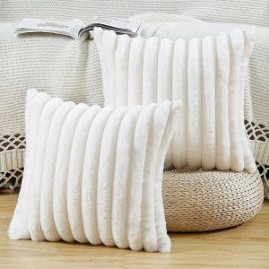 Tianyi-Lot De 2 Housses De Coussin En Peluche En Fausse Fourrure Housse De Coussin Décorative Douce À Rayures Moelleuses Pour Coussin De Chambre À Coucher De Canapé Blanc Crème 65 X 65 Cm - Neuf