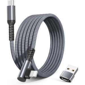 TRAHOO-C&acirc;ble Chargeur USB C vers Lightning 3M 90 Degr&eacute;s avec Adaptateur USB A,Coud&eacute; Cordon Type C PD Angle Droit Charge Rapide pour iPhone 11 12 13 14 Mini Pro Max SE XR XS iPad 8 9 G&eacute;n&eacute;ration - Neuf