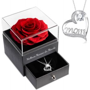 Kyaoayo-Cadeau Fete Des Meres, Rose Eternelle Avec Bijoux Argent 925 Collier, Fête Des Mères,Meilleure Maman Du Monde,Collier Anniversaire Femme,Coffret Rose Eternelle,Varie Fleur Préservée Cadeau Ma - Neuf